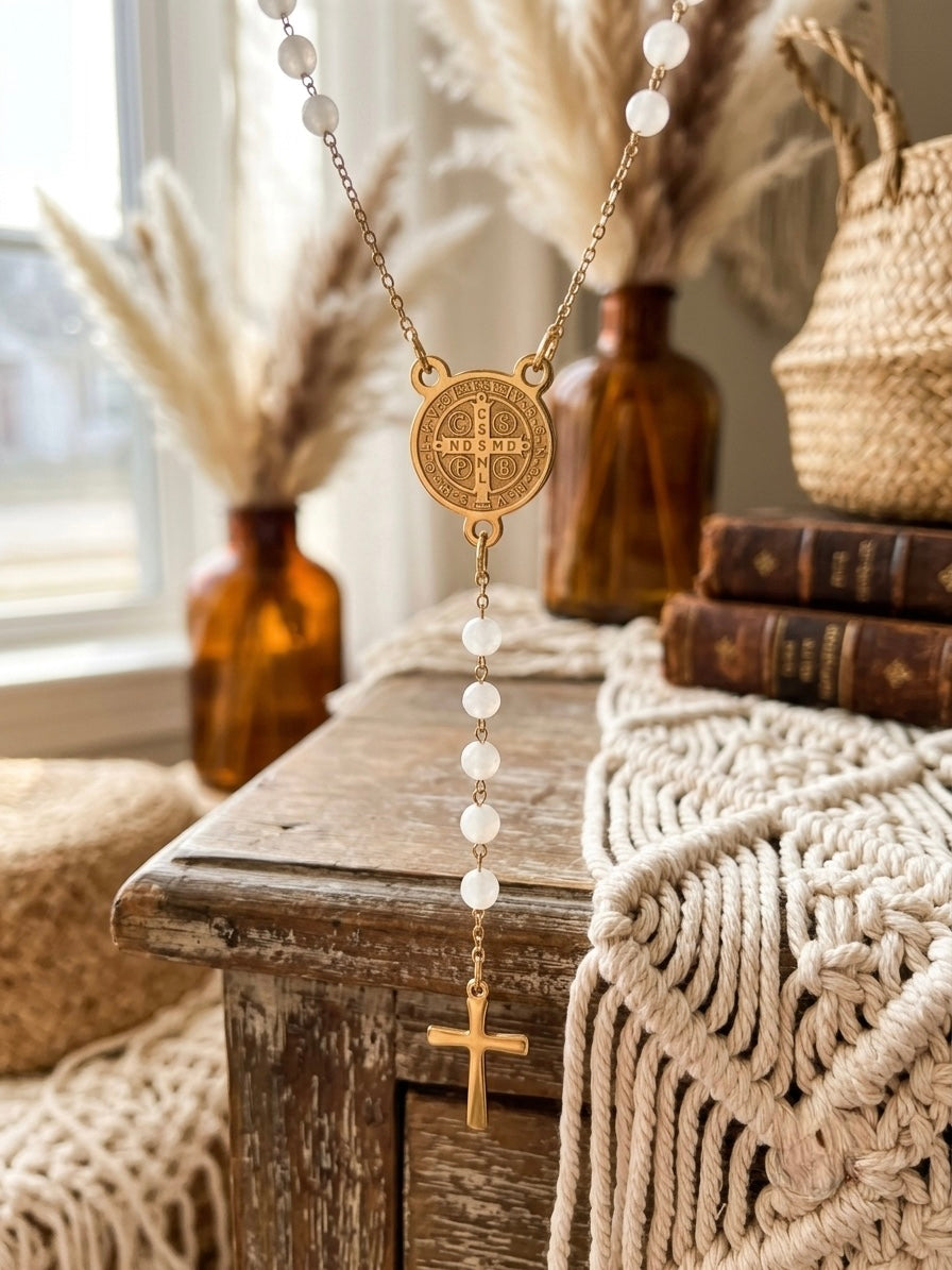 Chapelet avec perle blanc - 100% Acier inoxydable